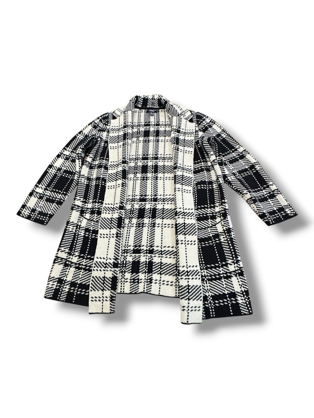 Chaps Plaid Checked Sweater Coat Cotton Blend Black White Cardigan Women’s Sz M
